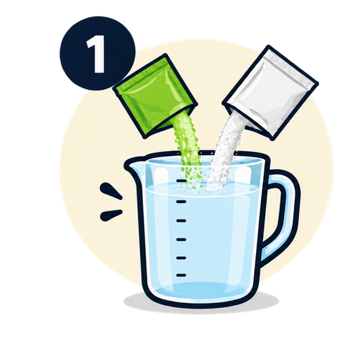 Two sachets pouring into a one litre jug